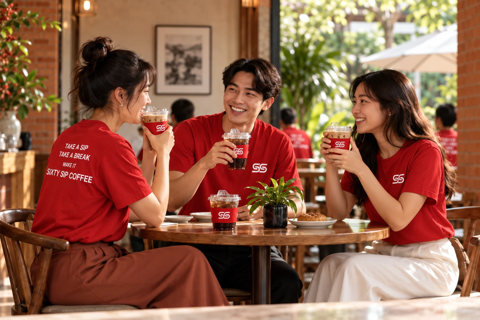 คนสวมเสื้อ Sixty Sip ถือแก้วเครื่องดื่มแถบแดง พักด้วยกันที่โต๊ะ