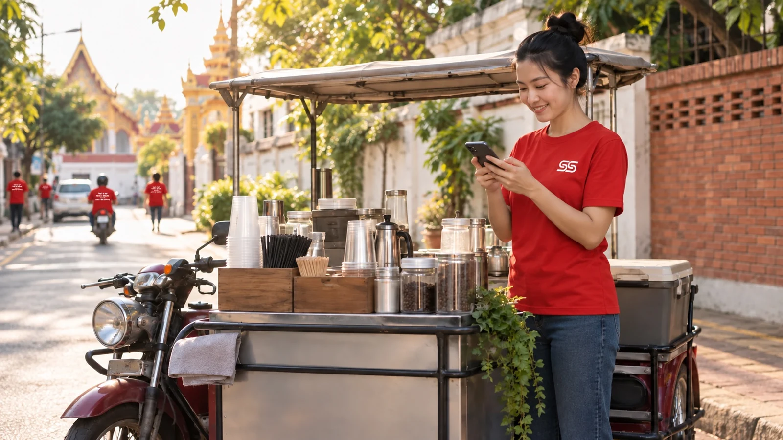 ผู้ขาย Sixty Sip ใช้โทรศัพท์ข้างรถขายเครื่องดื่ม